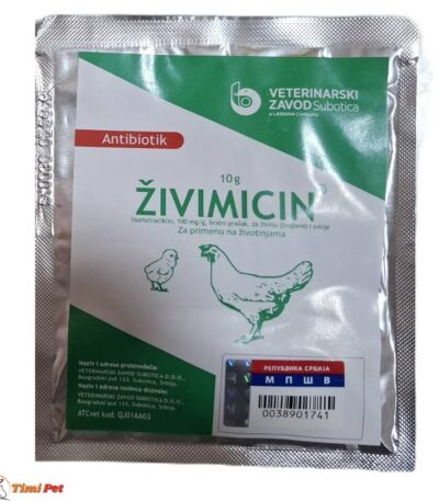 Živimicin A 10g – oralni antibiotik za živinu, ključan za suzbijanje bakterijskih infekcija, zeleno-bele boje sa kokom i piletom