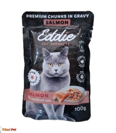 EDDIE Sos za sterilisane mace Losos, 100g. Ukusan i zdrav dodatak hrani koji poboljšava hidrataciju i apetit mačaka