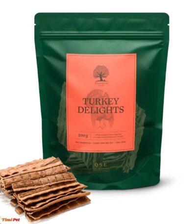 Essential ćureća poslastica za pse 200g Delights, pakovanje i štapići od sušene ćuretine, mono-proteinska, bez žitarica