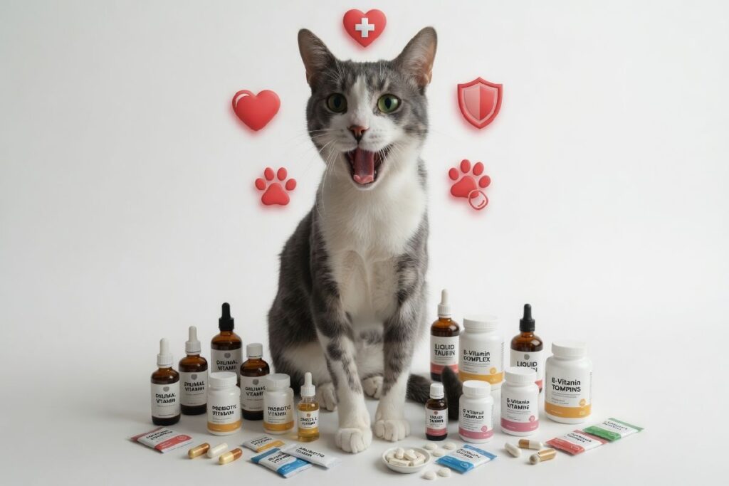 Vitamini za mačke – sivo-beli mačak okružen dodacima ishrani, omega-3 uljem, probioticima i vitaminima za podršku zdravlju.